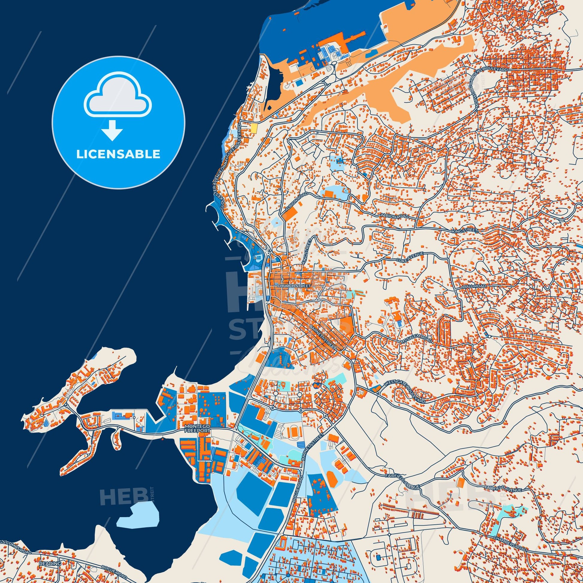 Colorful Montego Bay Street Map with Labels and Buildings
