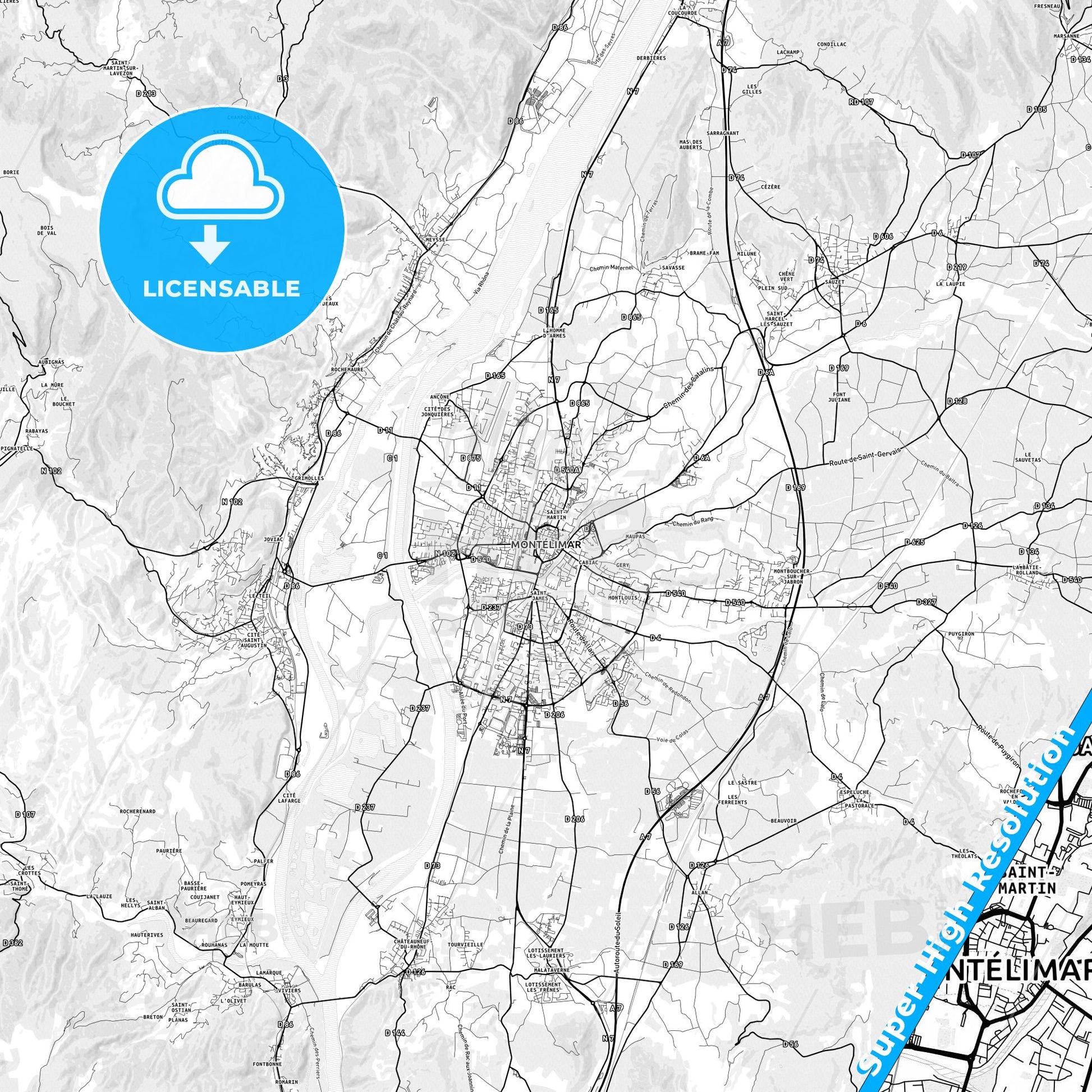 Montélimar, France light map with streetnames, citynames and districts