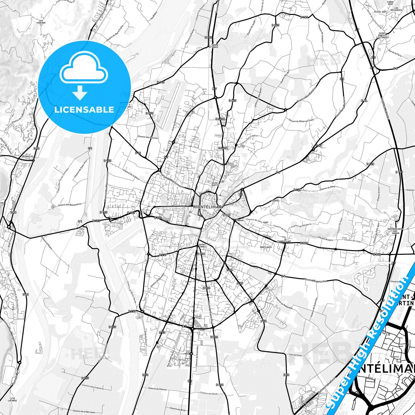 Montélimar, France Light Map with Street Names, City Names, and Districts