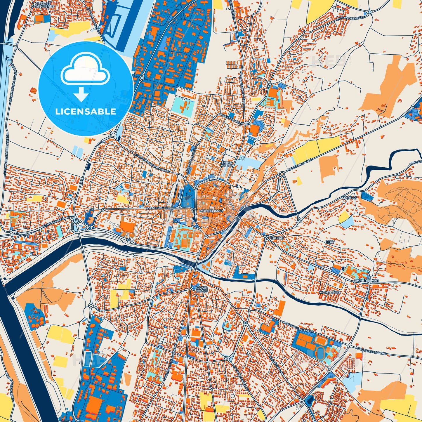 Colorful Montélimar Street Map with Labels and Buildings