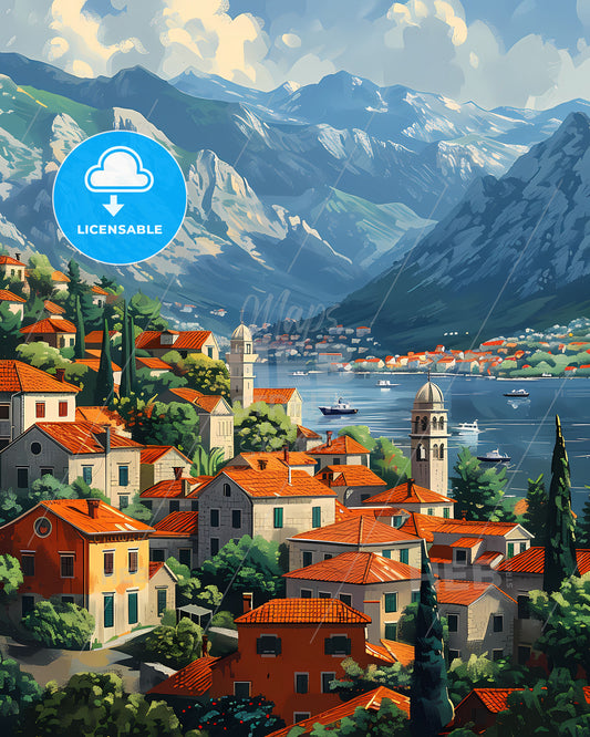 Vibrant Art Depiction of a Town in Montenegro, Europe with Red Roofs, Mountains, and a Body of Water