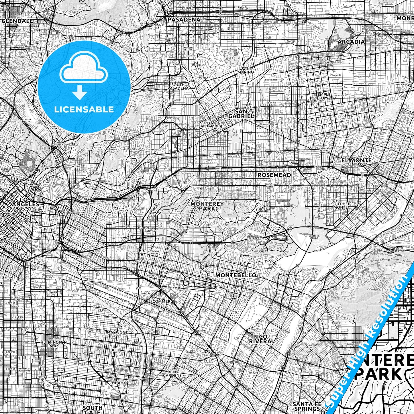 Monterey Park, California light map with streetnames, citynames and districts