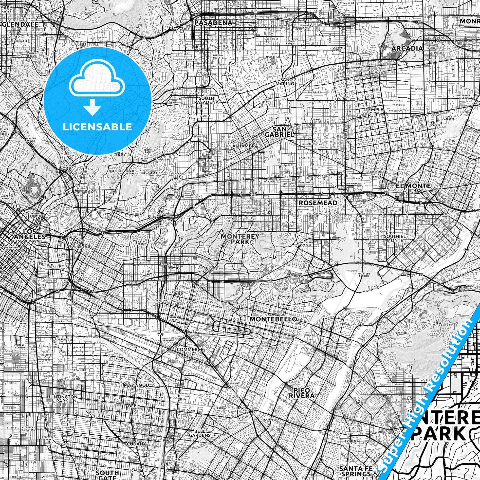 Monterey Park, California light map with streetnames, citynames and districts