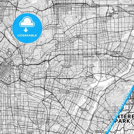 Monterey Park, California light map with streetnames, citynames and districts