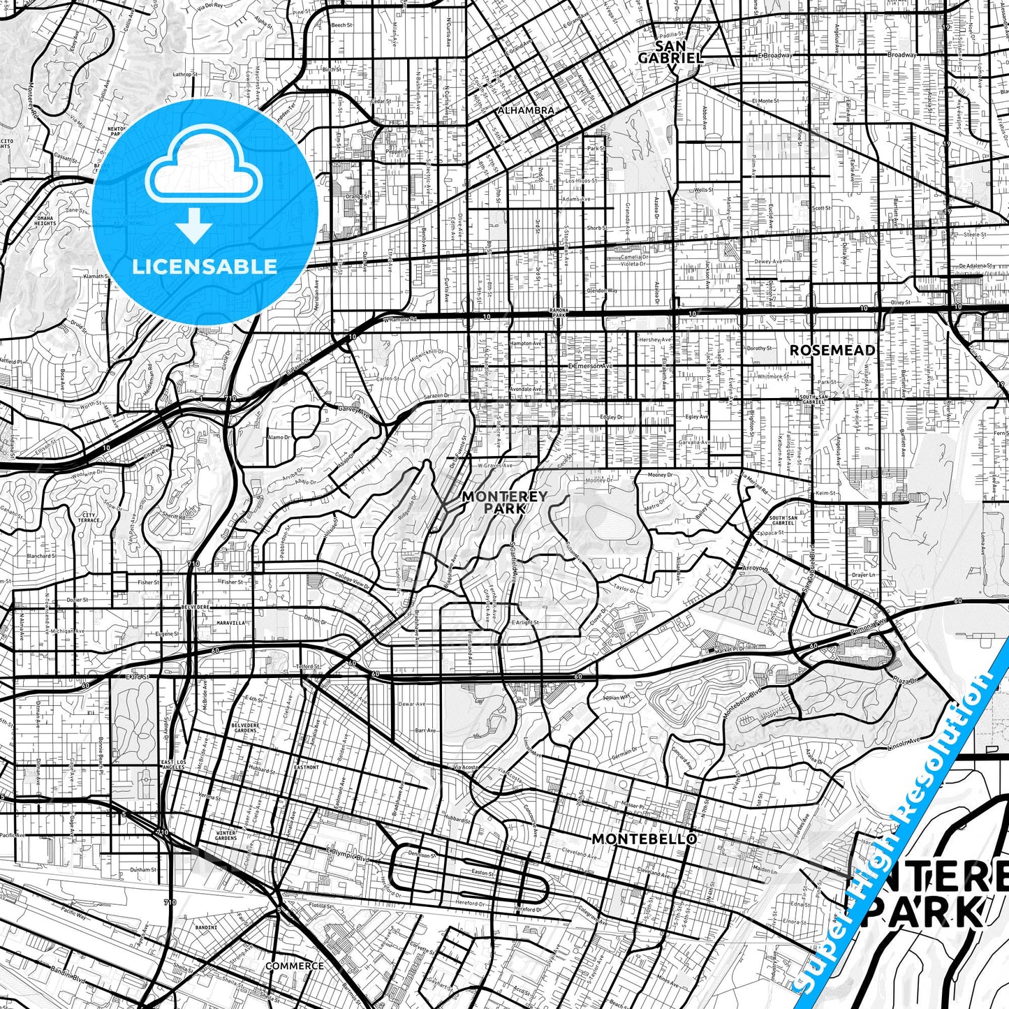 Monterey Park, California Light Map with Street Names, City Names, and Districts