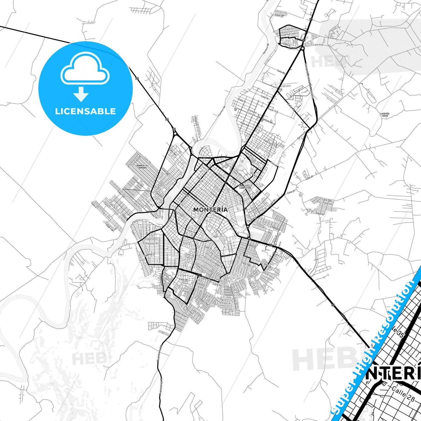 Monteria, Colombia Light Map with Street Names, City Names, and Districts