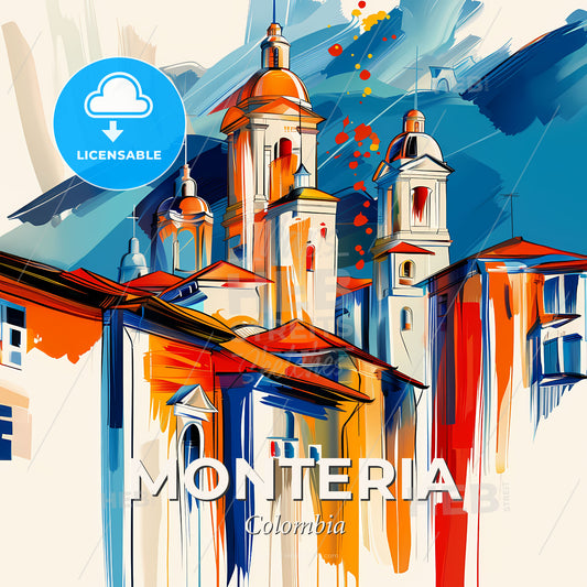 Vibrant Monteria, Colombia - A Painting Of A Building With A Steeple - Square format print template