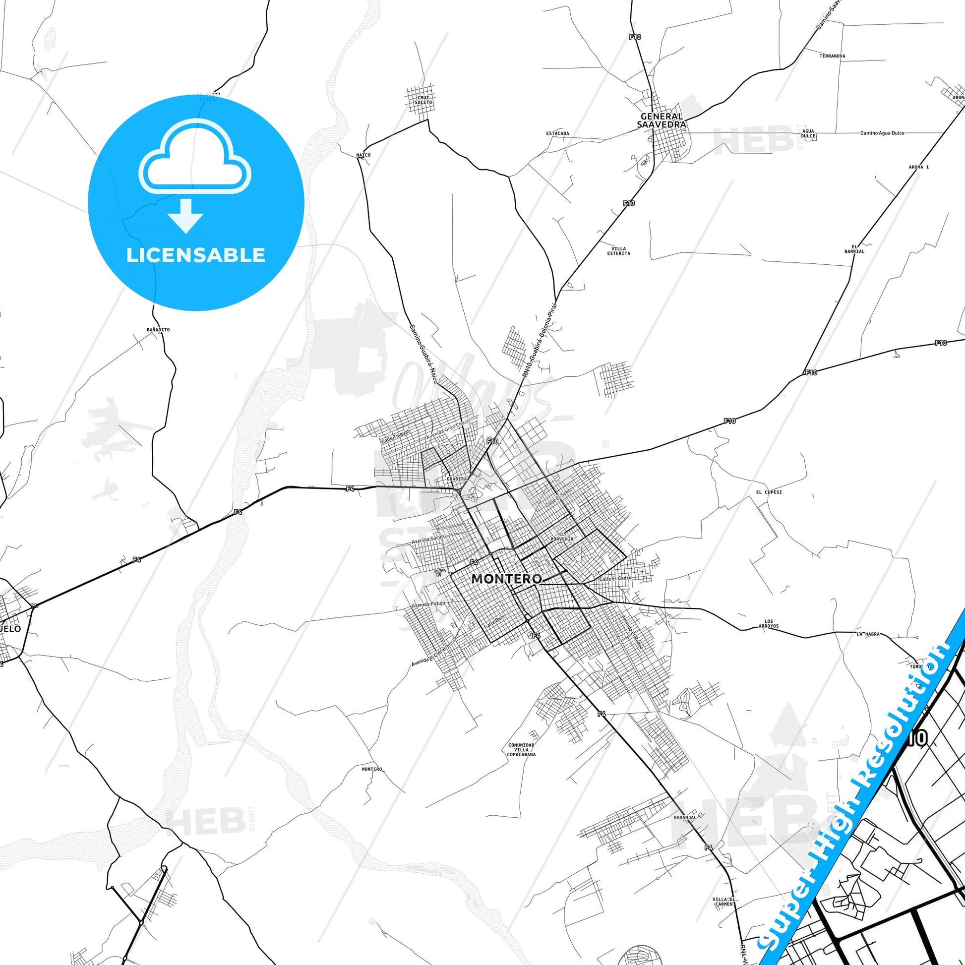 Montero, Bolivia light map with streetnames, citynames and districts