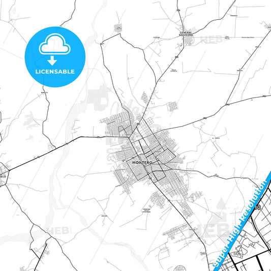 Montero, Bolivia light map with streetnames, citynames and districts