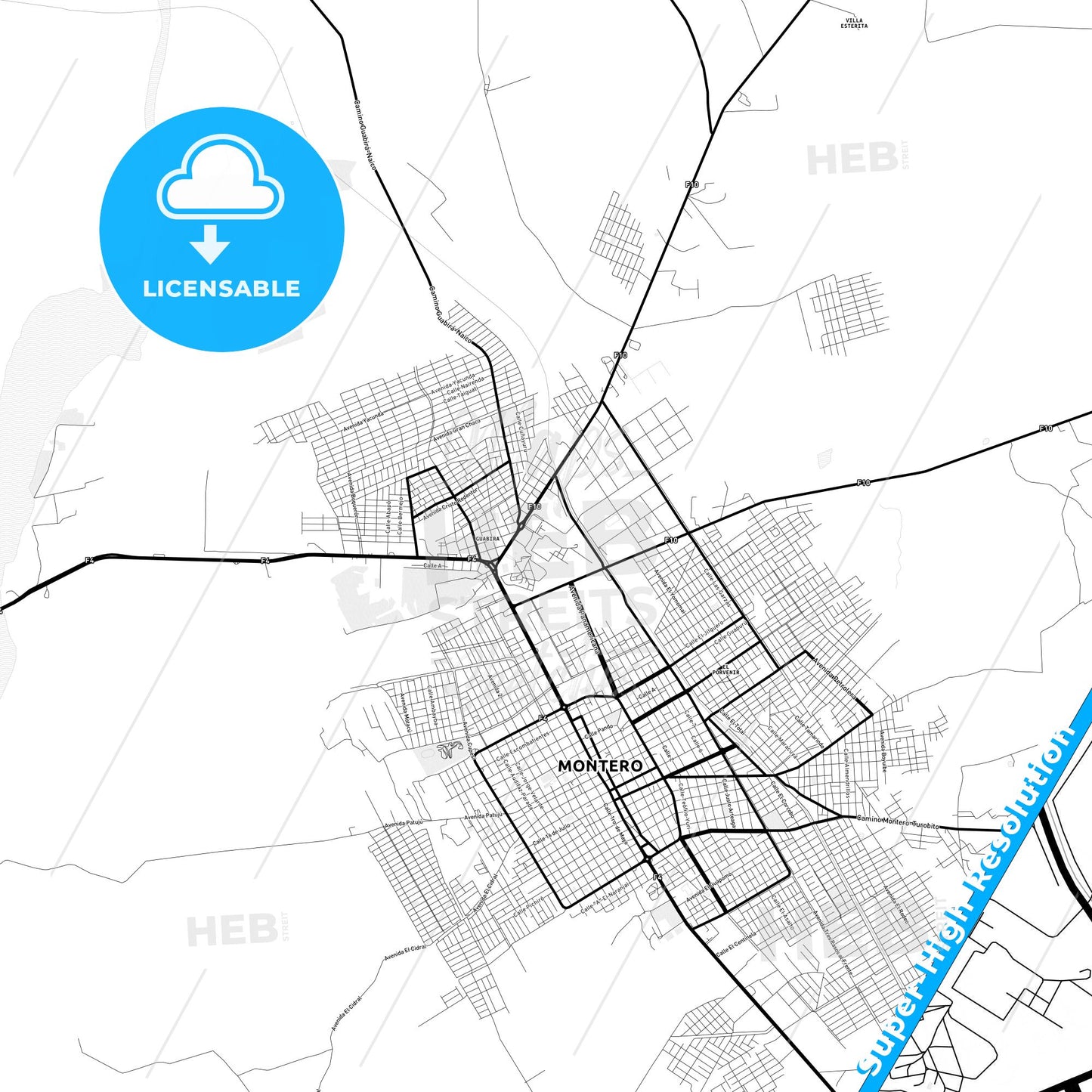 Montero, Bolivia Light Map with Street Names, City Names, and Districts