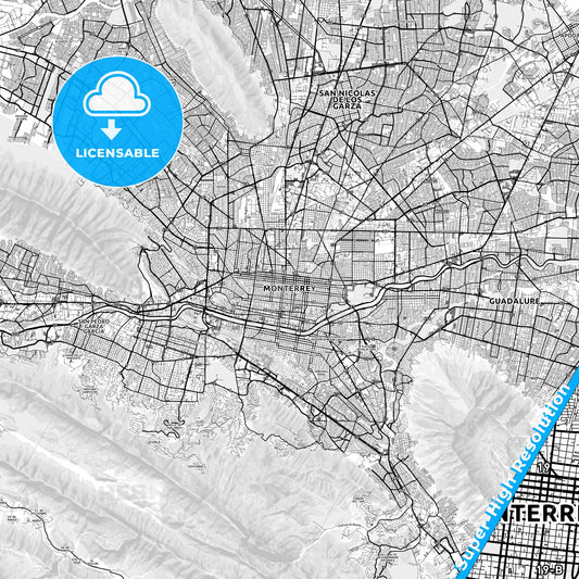 Monterrey, Mexico light map with streetnames, citynames and districts