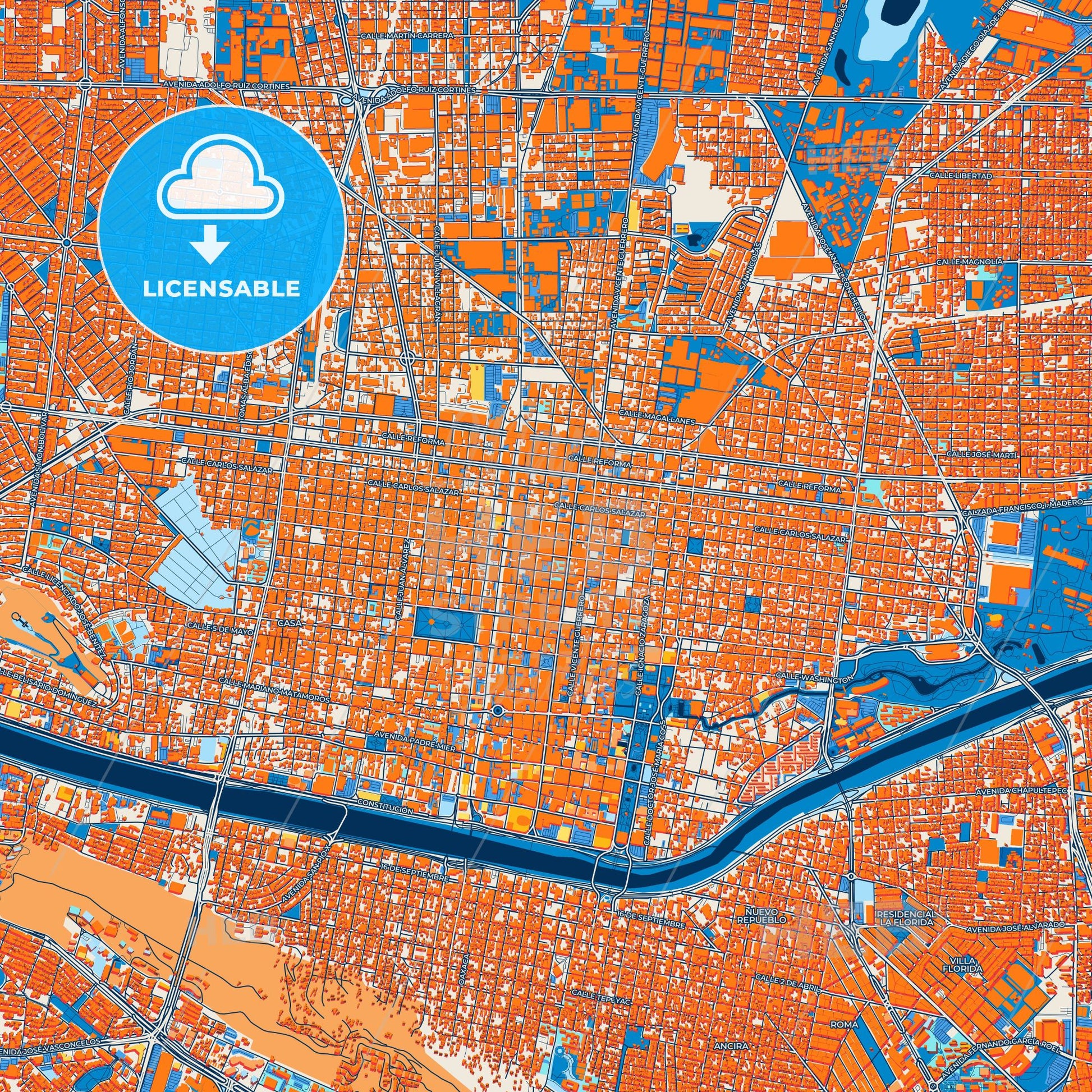 Colorful Monterrey Street Map with Labels and Buildings