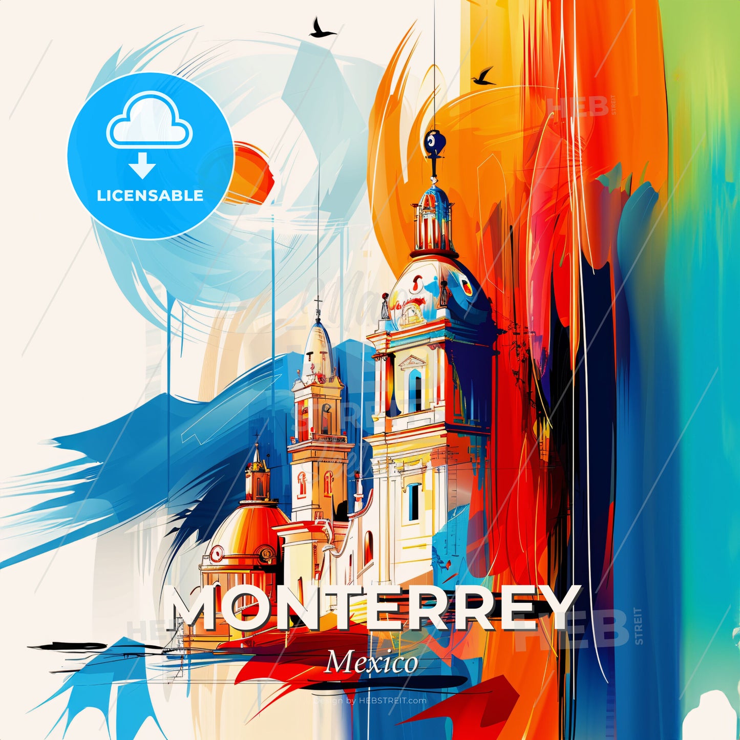 Vibrant Monterrey, Mexico - A Painting Of A Building With A Colorful Background - Square format print template