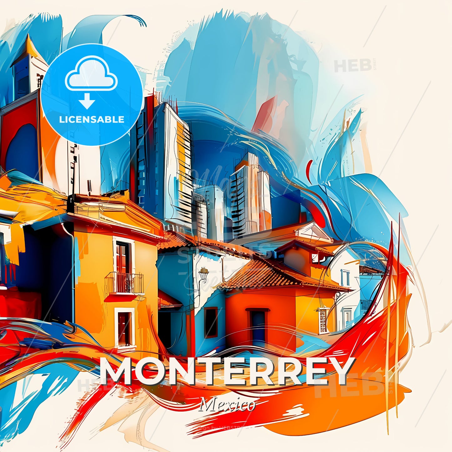 Vibrant Monterrey, Mexico - A Colorful Buildings With A Blue And Orange Background - Square format print template