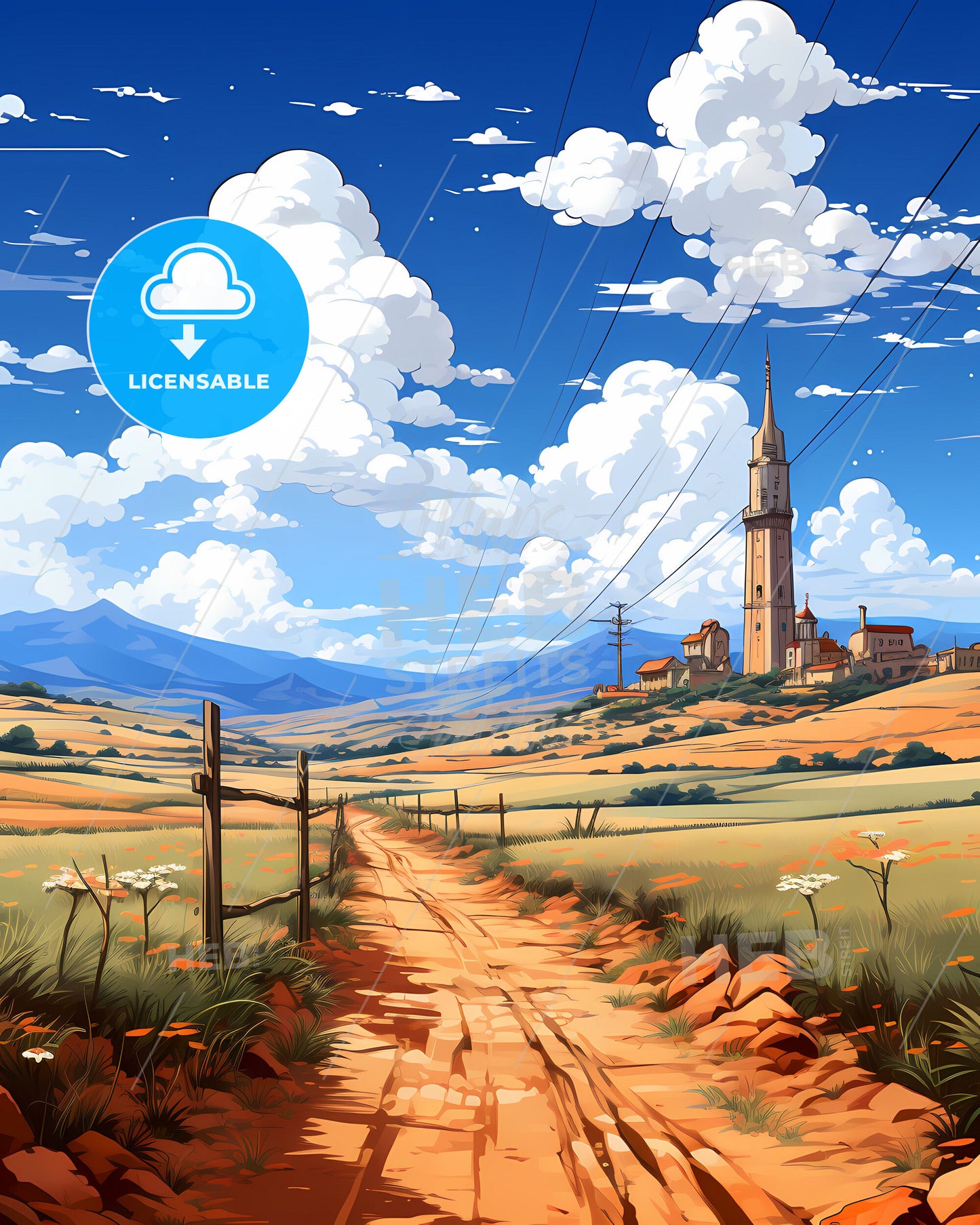 Colorful Dirt Road to Brazilian Village Skyline Painting