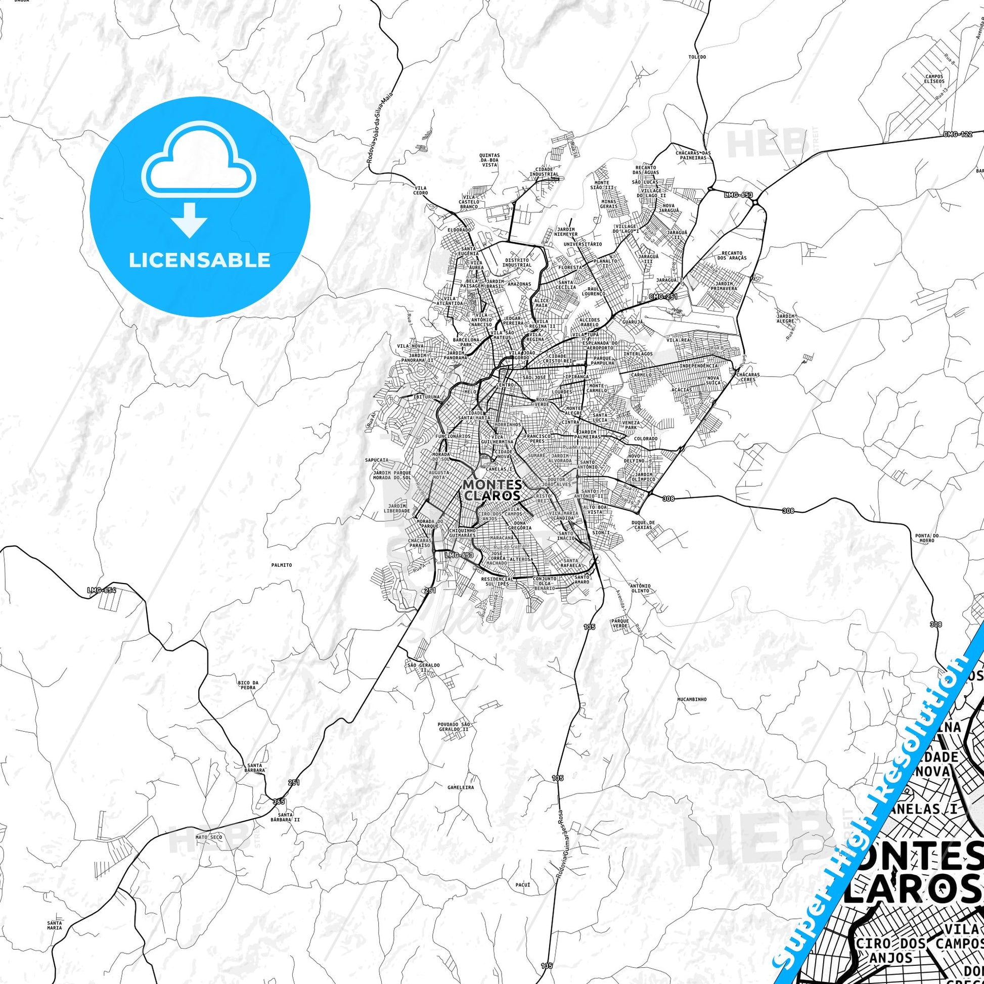 Montes Claros, Brazil light map with streetnames, citynames and districts