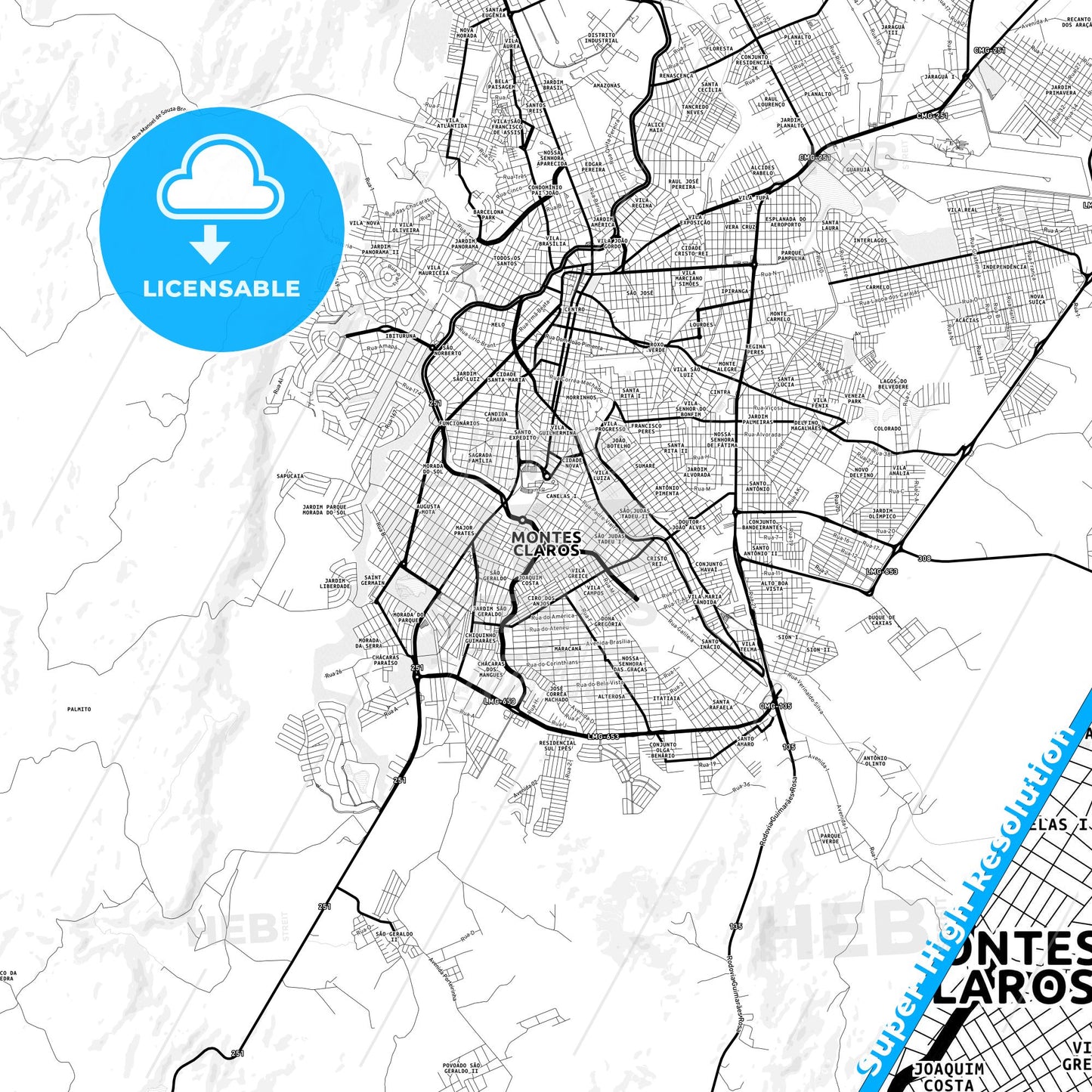 Montes Claros, Brazil Light Map with Street Names, City Names, and Districts