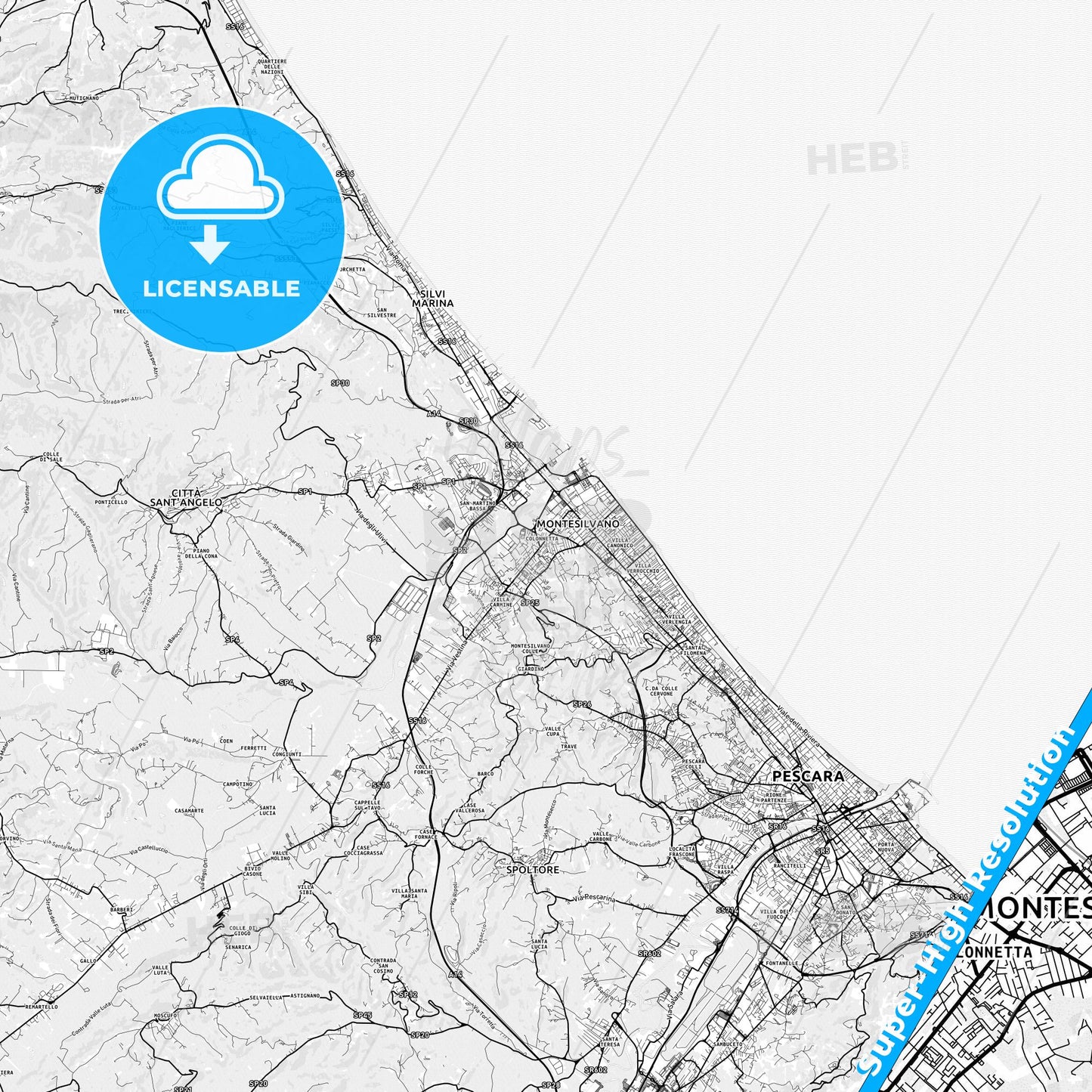 Montesilvano, Italy light map with streetnames, citynames and districts