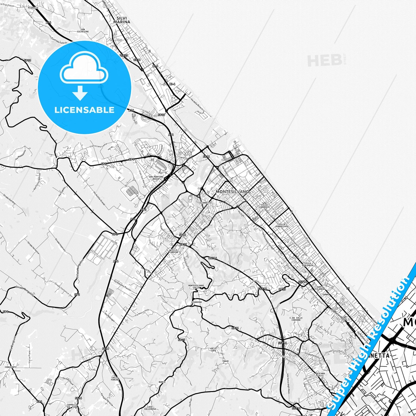 Montesilvano, Italy Light Map with Street Names, City Names, and Districts