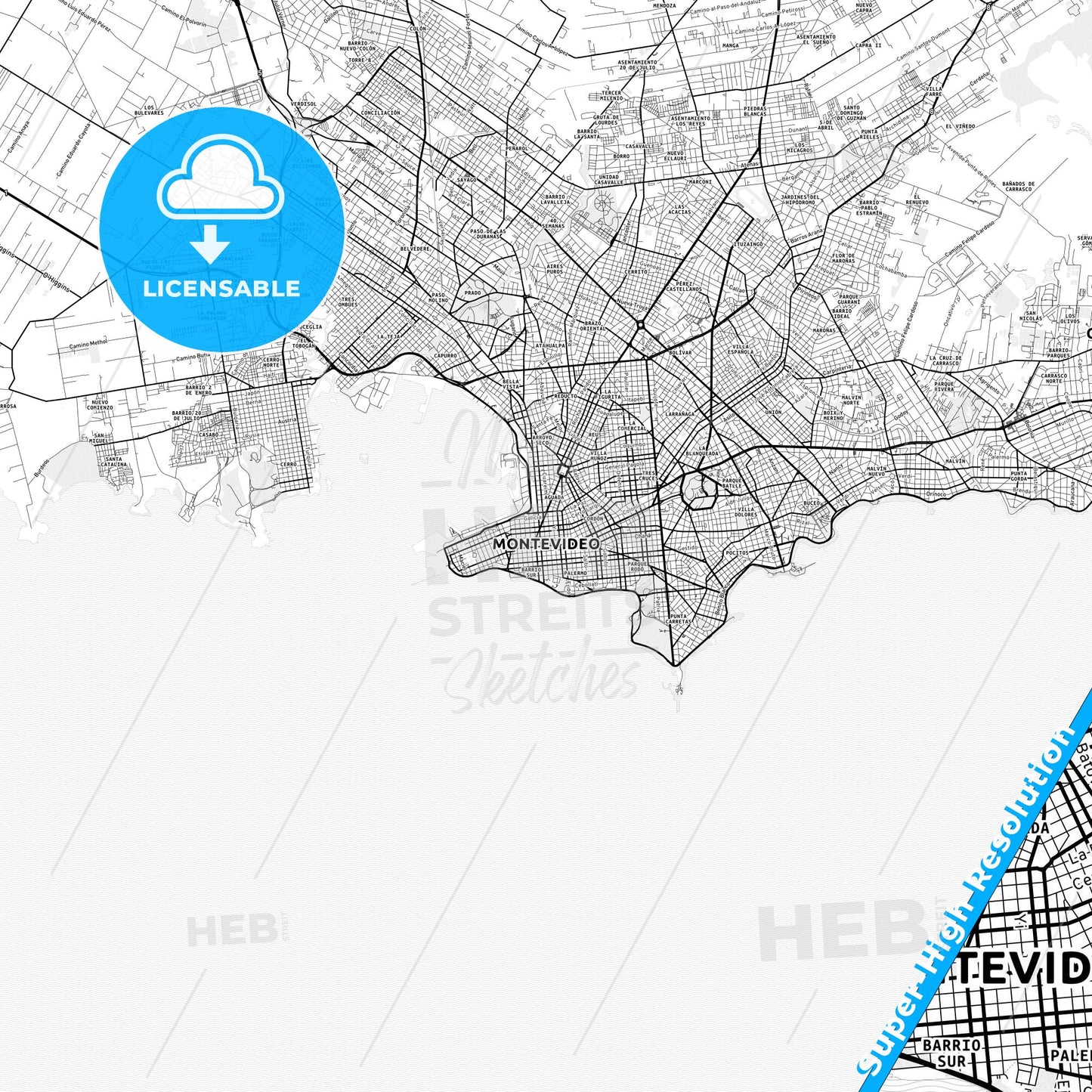 Montevideo, Uruguay light map with streetnames, citynames and districts