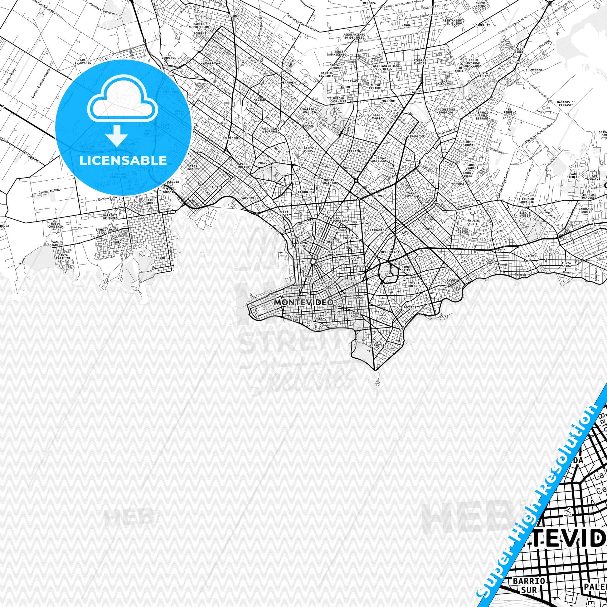 Montevideo, Uruguay light map with streetnames, citynames and districts