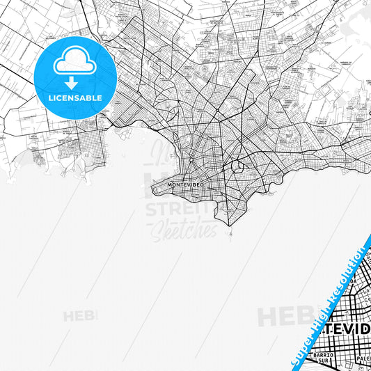 Montevideo, Uruguay light map with streetnames, citynames and districts
