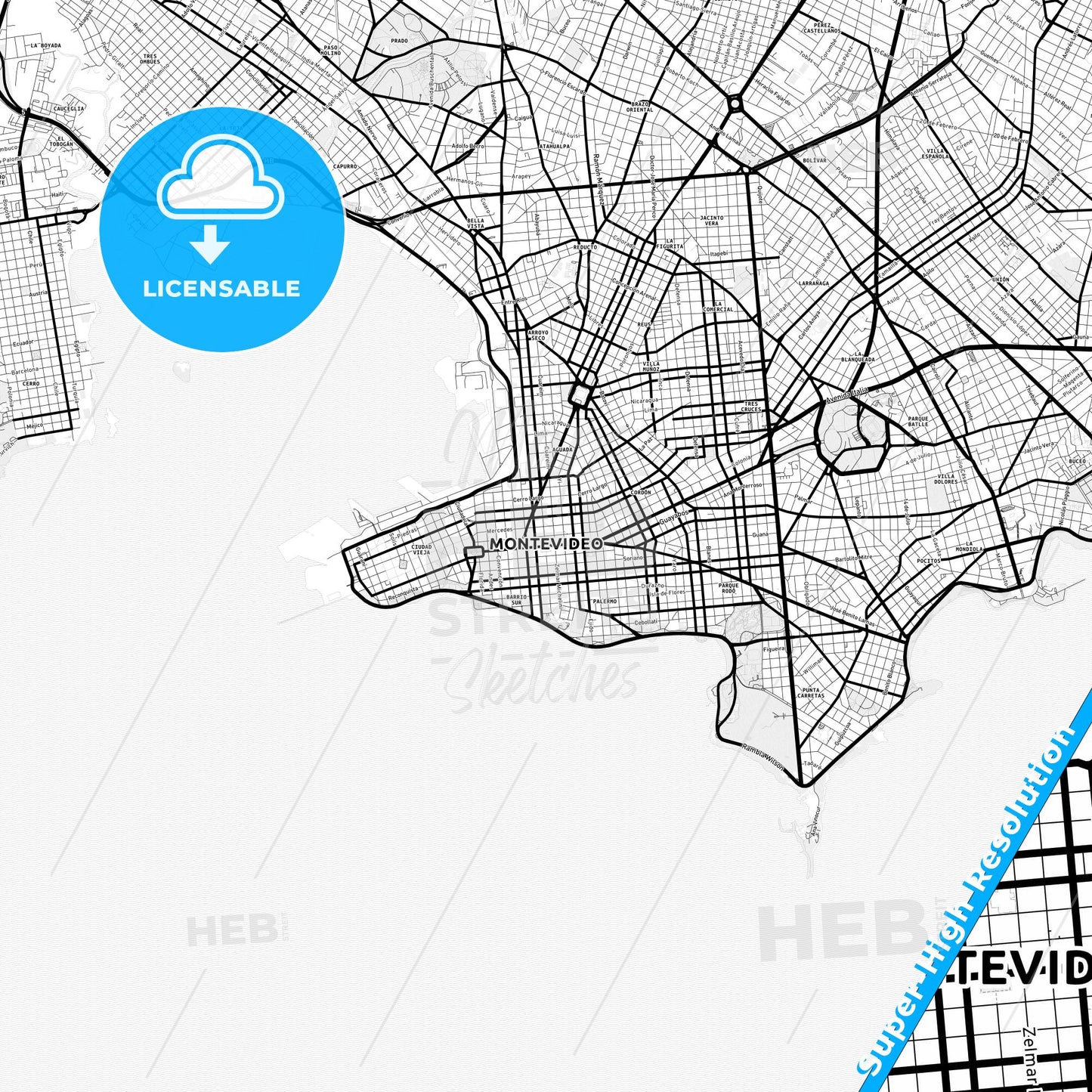 Montevideo, Uruguay Light Map with Street Names, City Names, and Districts