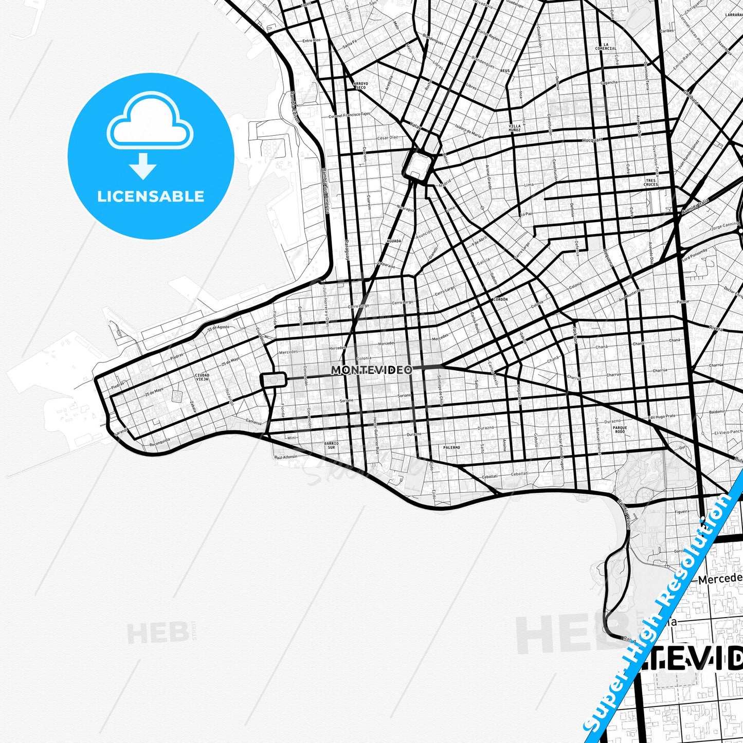 Montevideo, Uruguay Light Map with Street Names, City Names, and Districts