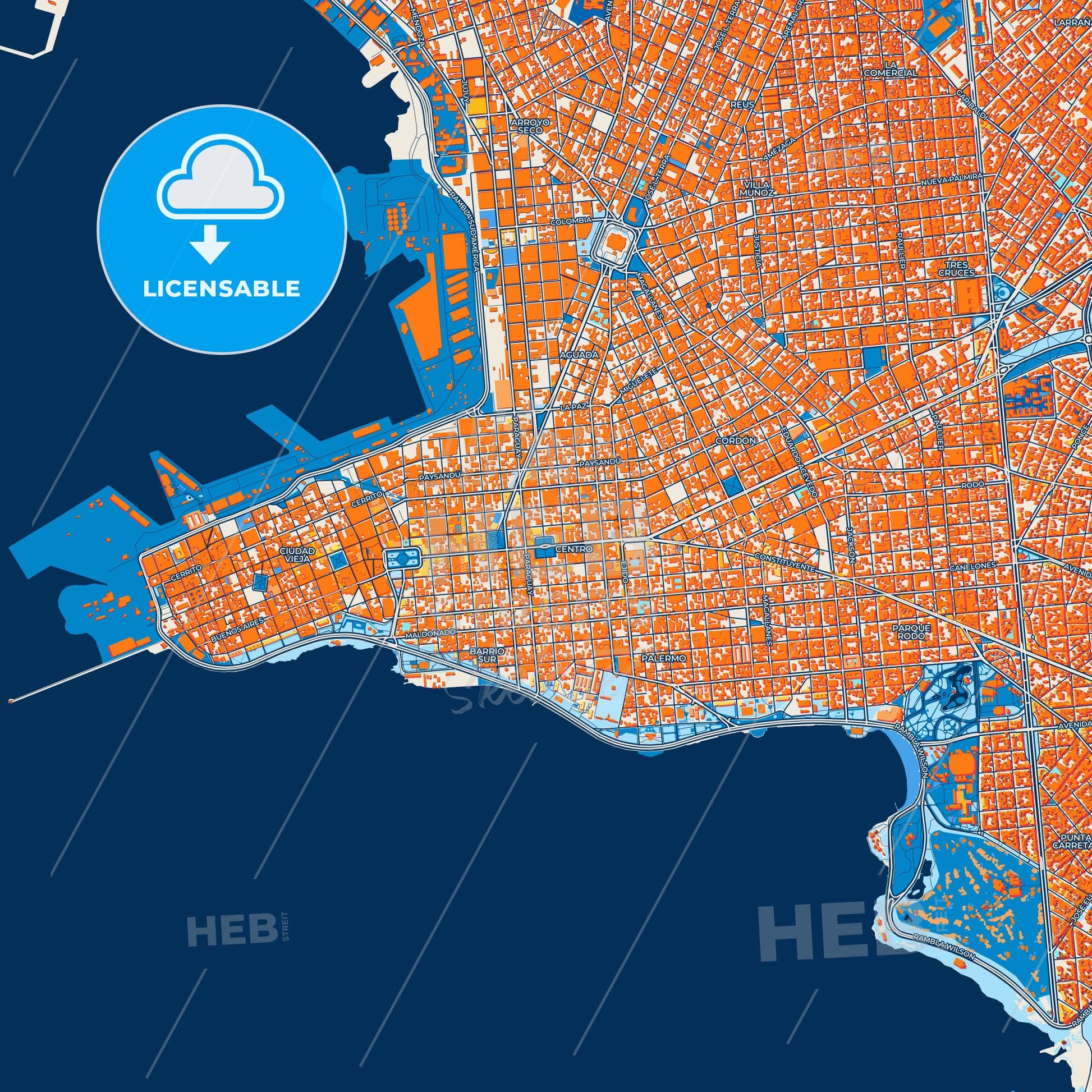 Colorful Montevideo Street Map with Labels and Buildings