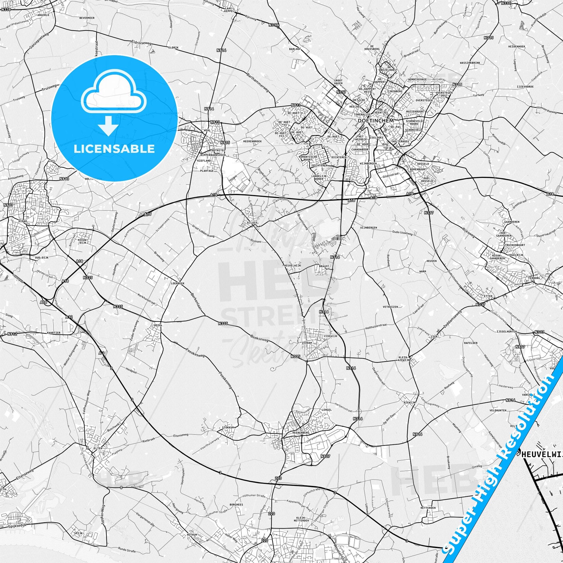 Montferland, Netherlands light map with streetnames, citynames and districts