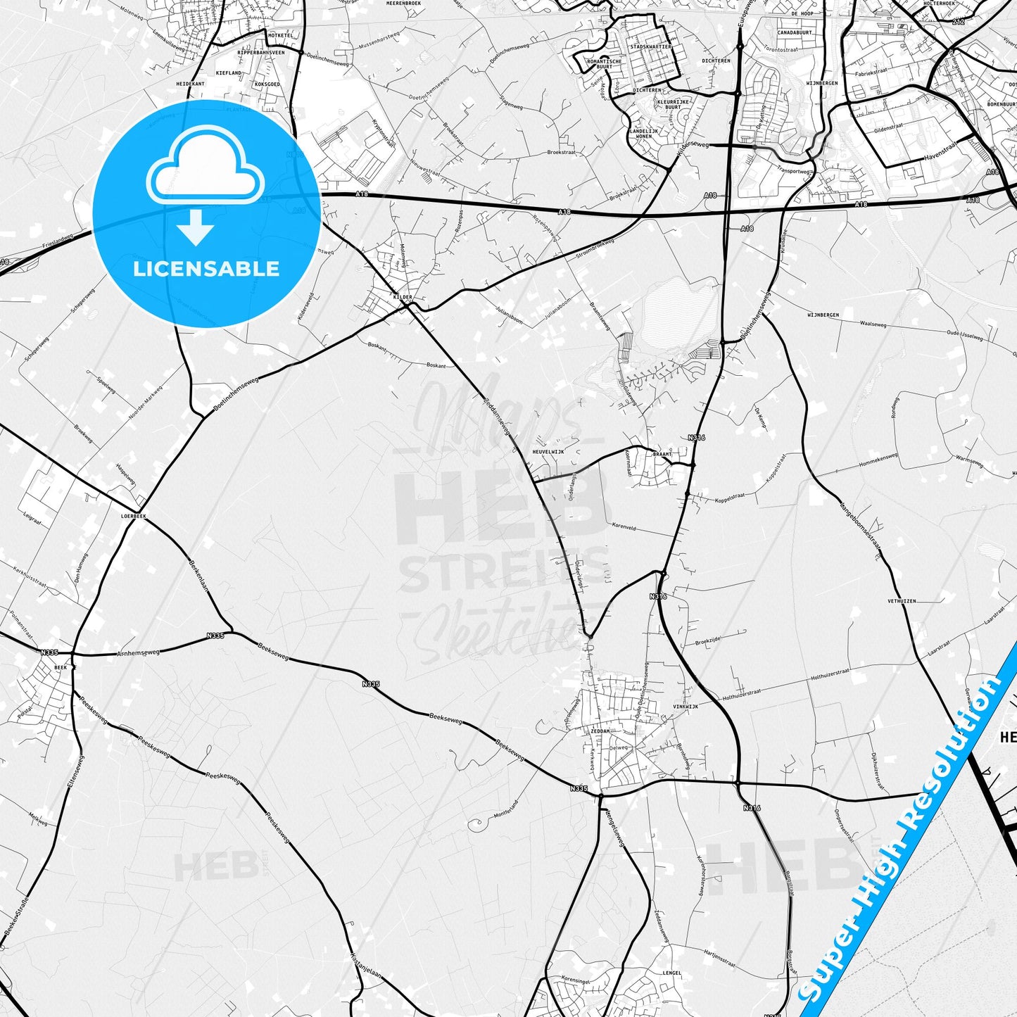 Montferland, Netherlands Light Map with Street Names, City Names, and Districts
