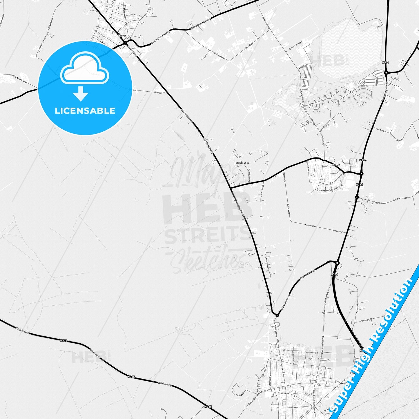 Montferland, Netherlands Light Map with Street Names, City Names, and Districts