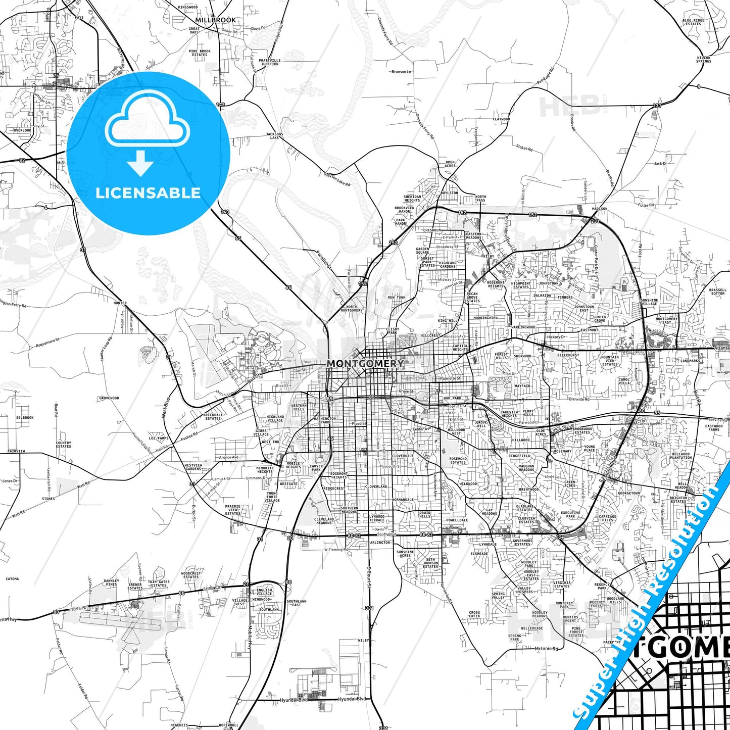 Montgomery, Alabama light map with streetnames, citynames and districts