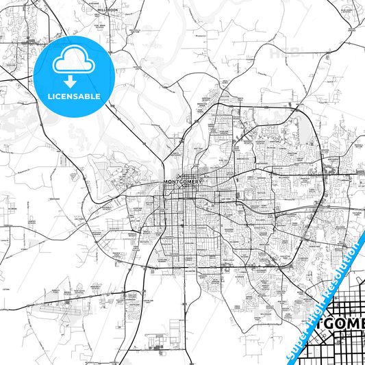 Montgomery, Alabama light map with streetnames, citynames and districts