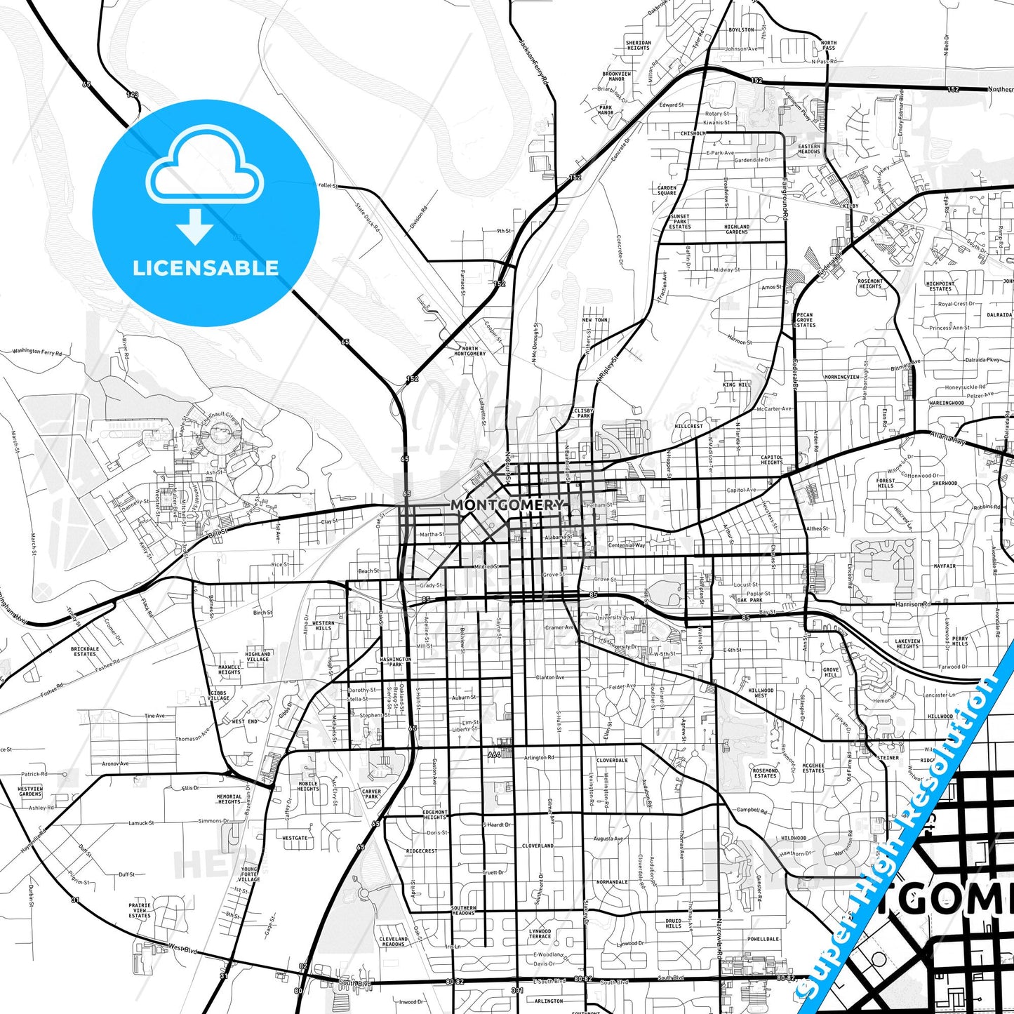 Montgomery, Alabama Light Map with Street Names, City Names, and Districts