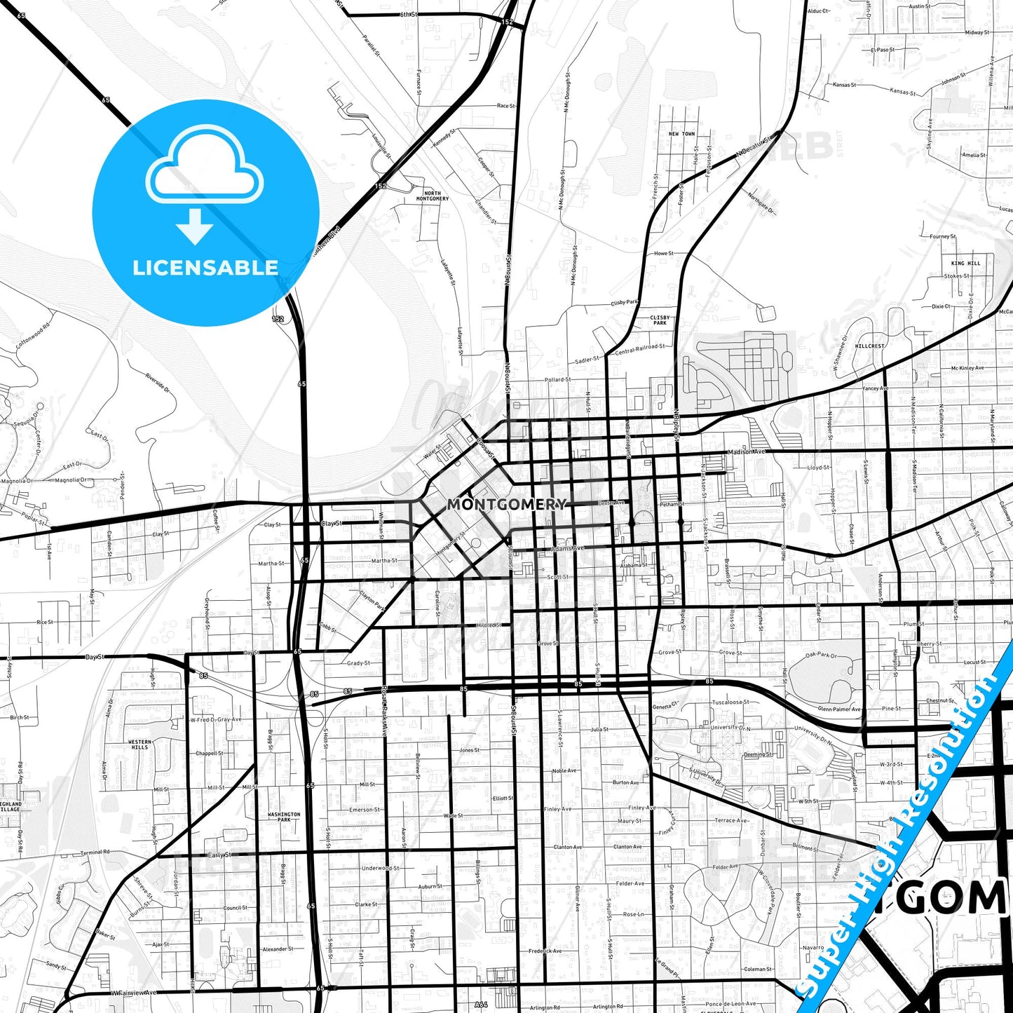 Montgomery, Alabama Light Map with Street Names, City Names, and Districts