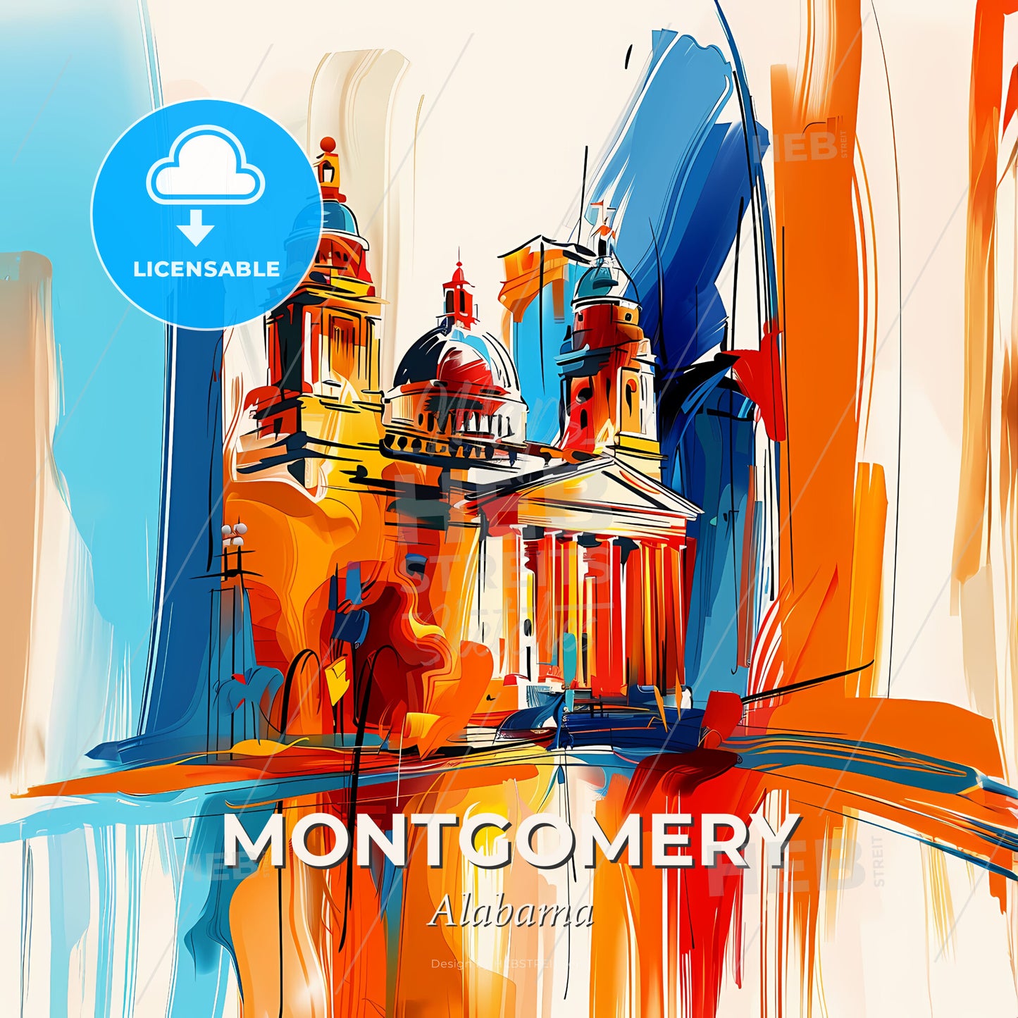 Vibrant Montgomery, Alabama - A Painting Of A Building With Columns And Domes - Square format print template