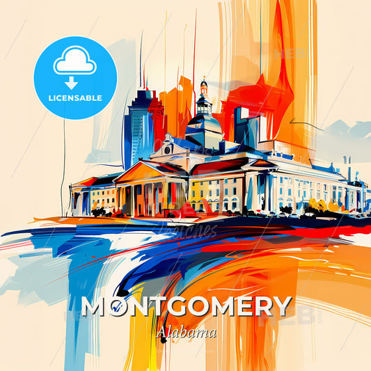 Vibrant Montgomery, Alabama - A Painting Of A Building With A Colorful Background - Square format print template