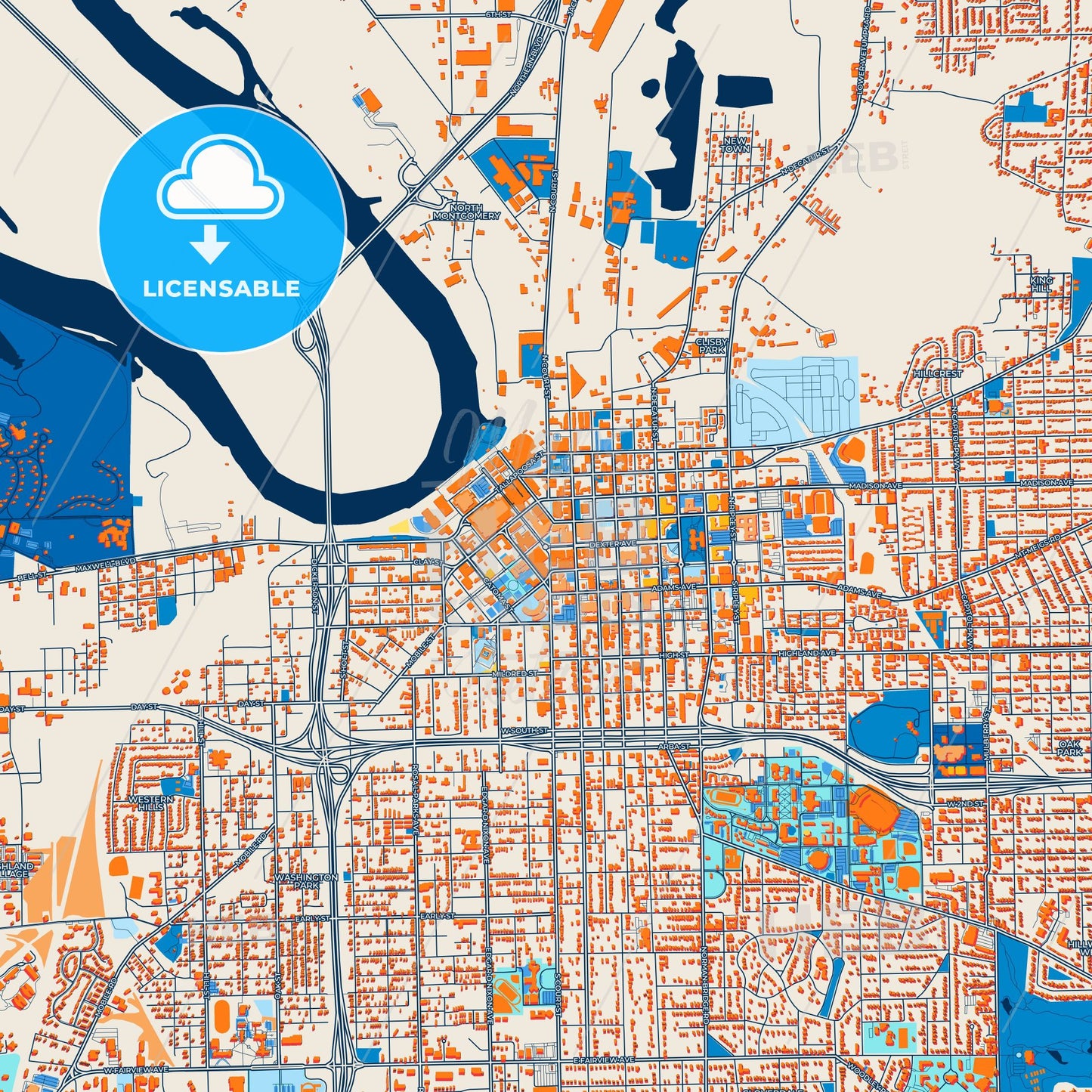 Colorful Montgomery Street Map with Labels and Buildings