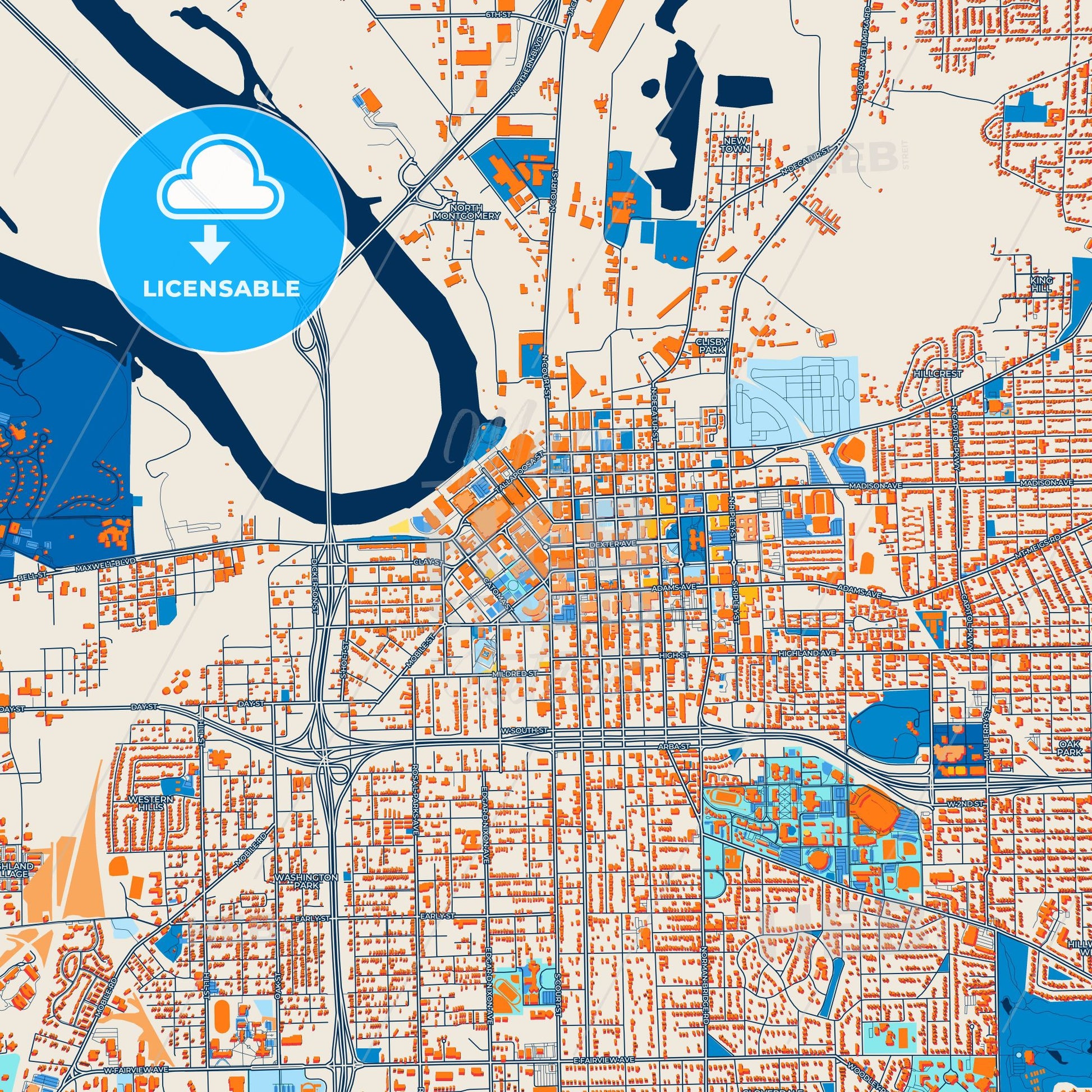 Colorful Montgomery Street Map with Labels and Buildings