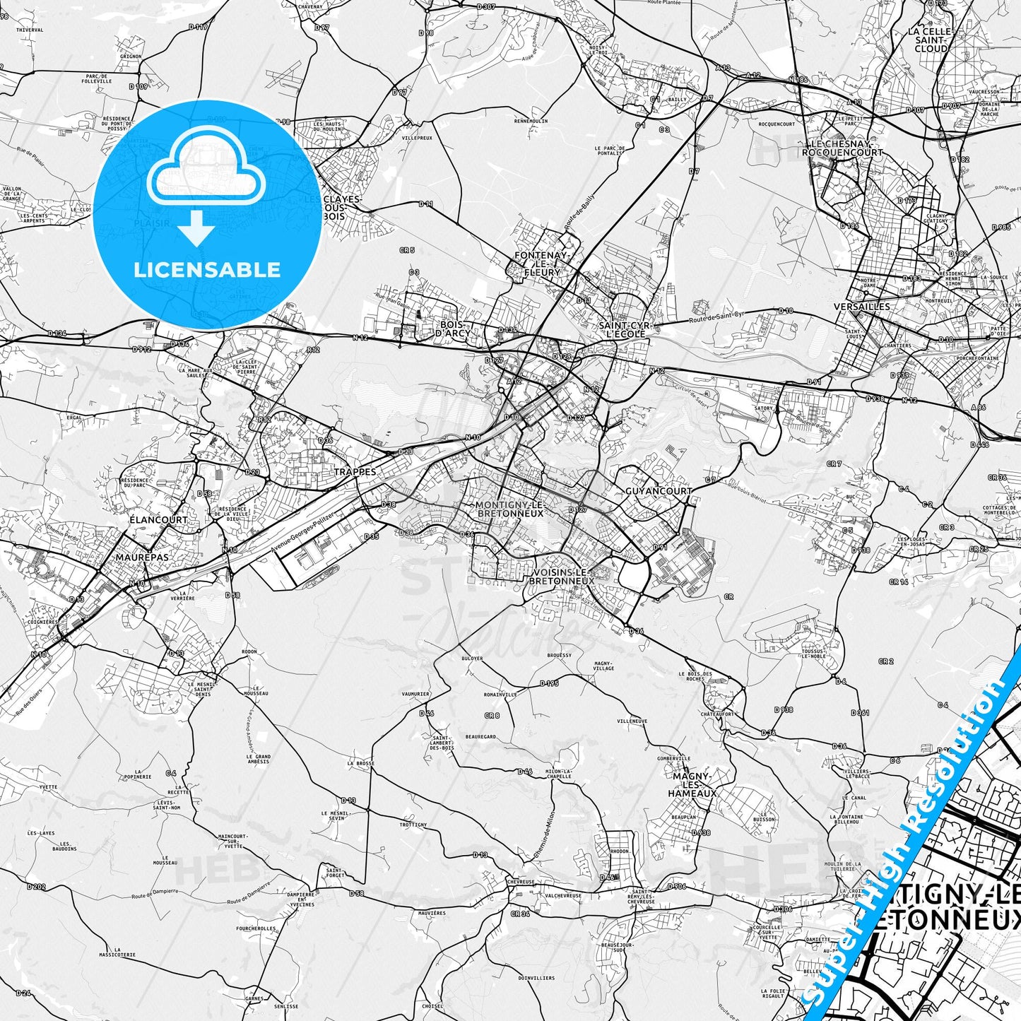 Montigny-le-Bretonneux, France light map with streetnames, citynames and districts