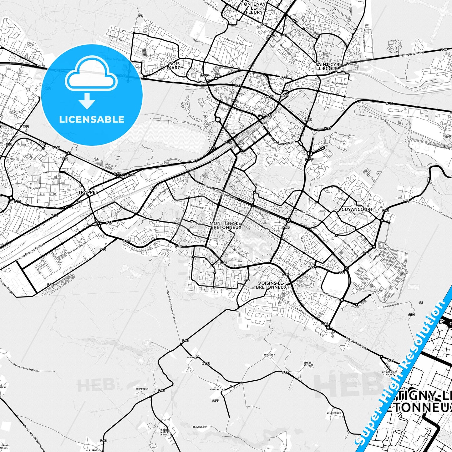 Montigny-le-Bretonneux, France Light Map with Street Names, City Names, and Districts