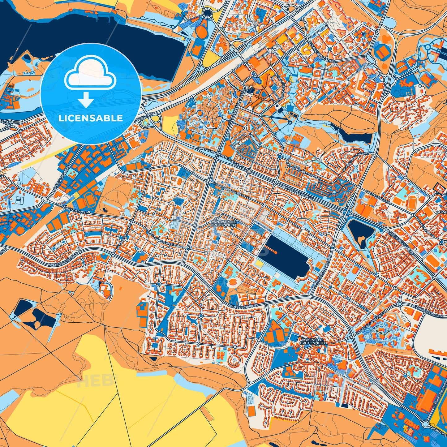 Colorful Montigny-le-Bretonneux Street Map with Labels and Buildings