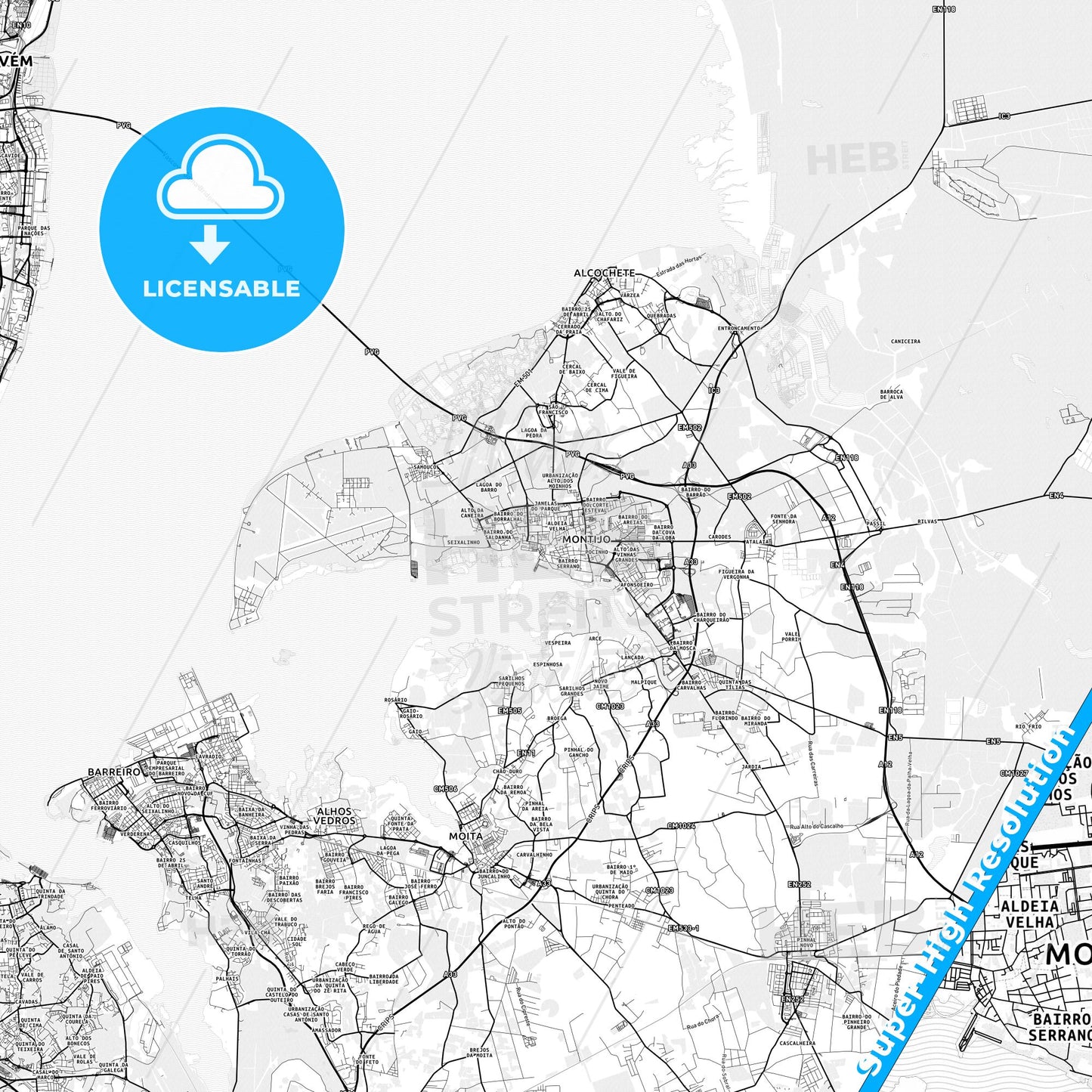 Montijo, Portugal light map with streetnames, citynames and districts
