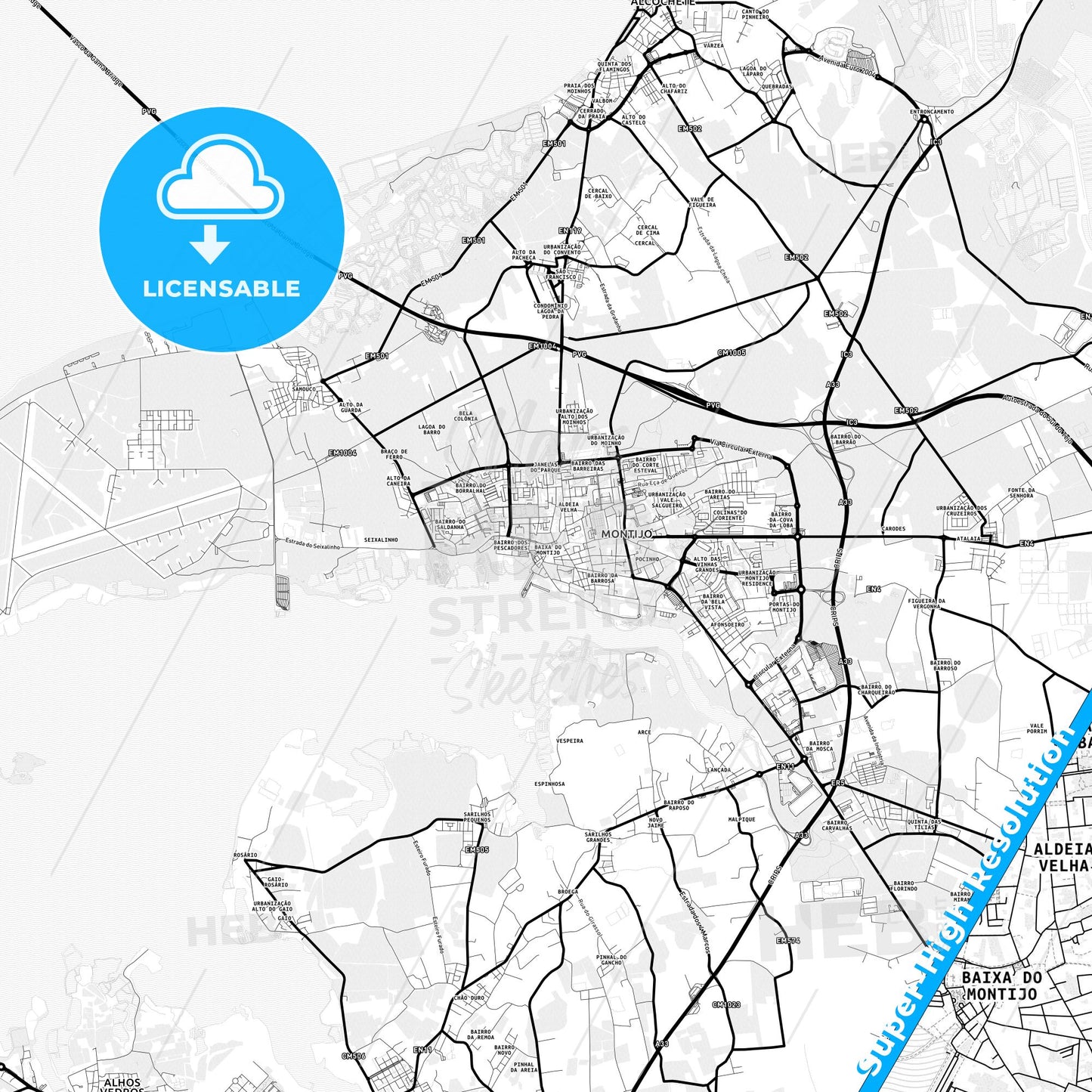 Montijo, Portugal Light Map with Street Names, City Names, and Districts