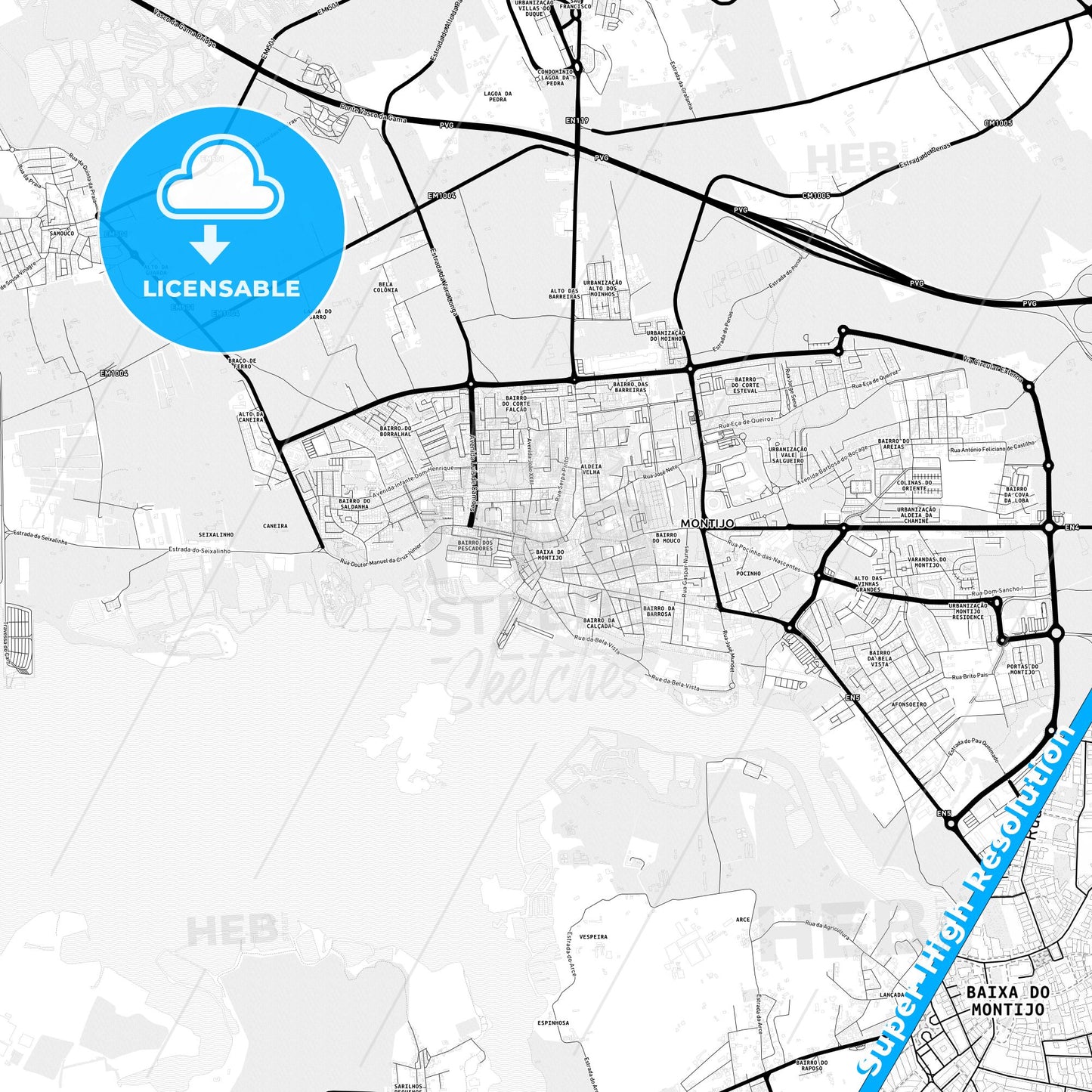 Montijo, Portugal Light Map with Street Names, City Names, and Districts