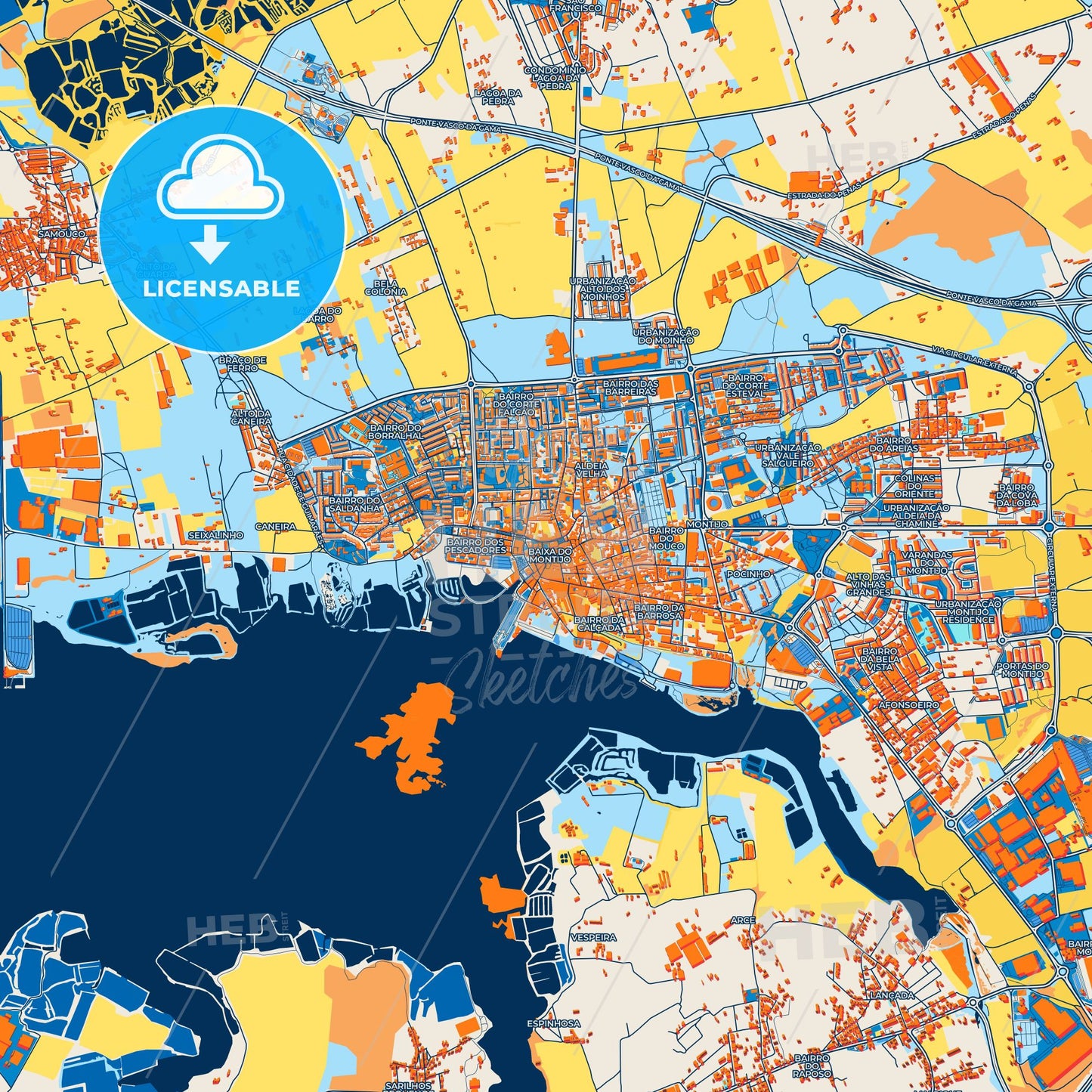 Colorful Montijo Street Map with Labels and Buildings