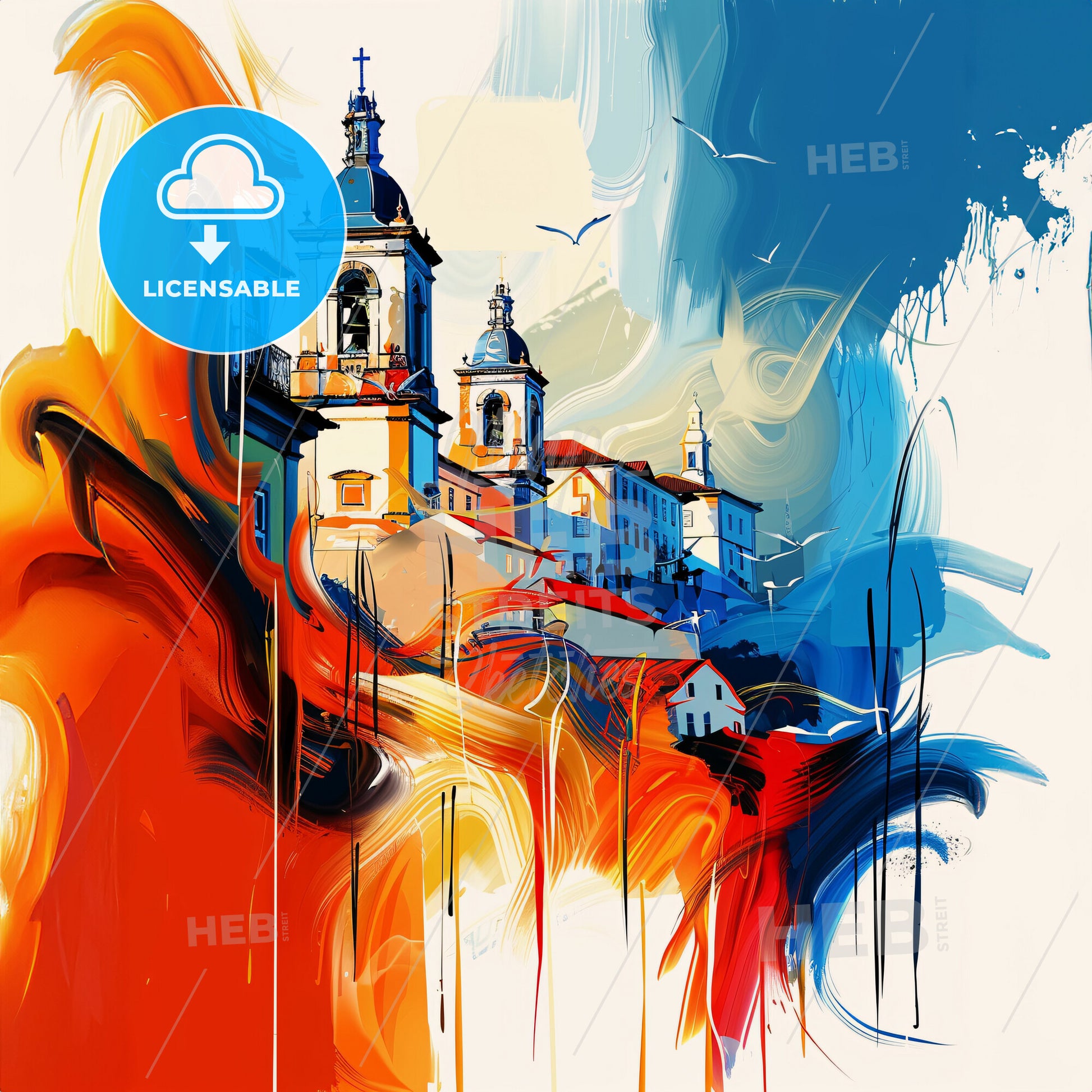 Vibrant Montijo, Portugal - A Painting Of A Building With A Bell Tower