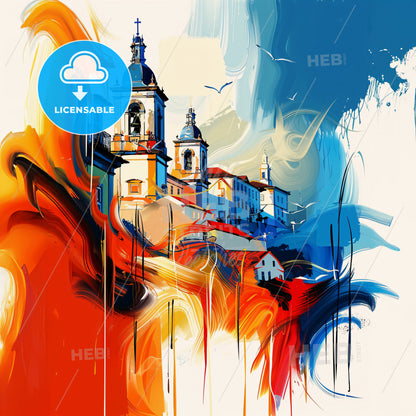 Vibrant Montijo, Portugal - A Painting Of A Building With A Bell Tower