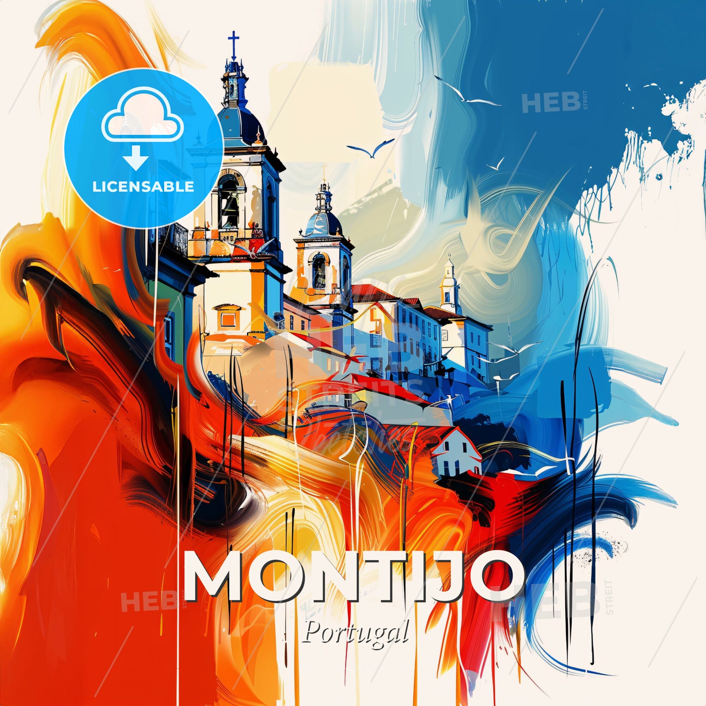 Vibrant Montijo, Portugal - A Painting Of A Building With A Bell Tower - Square format print template